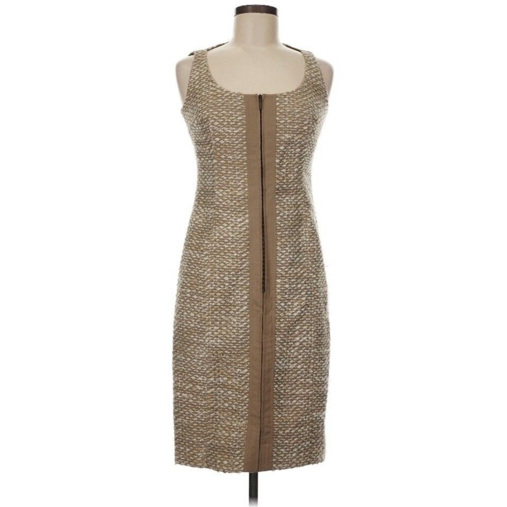 AKRIS Punto Camel Tweed Wool Sheath Sleeveless Dress Sz US 6 Front Zip (J
